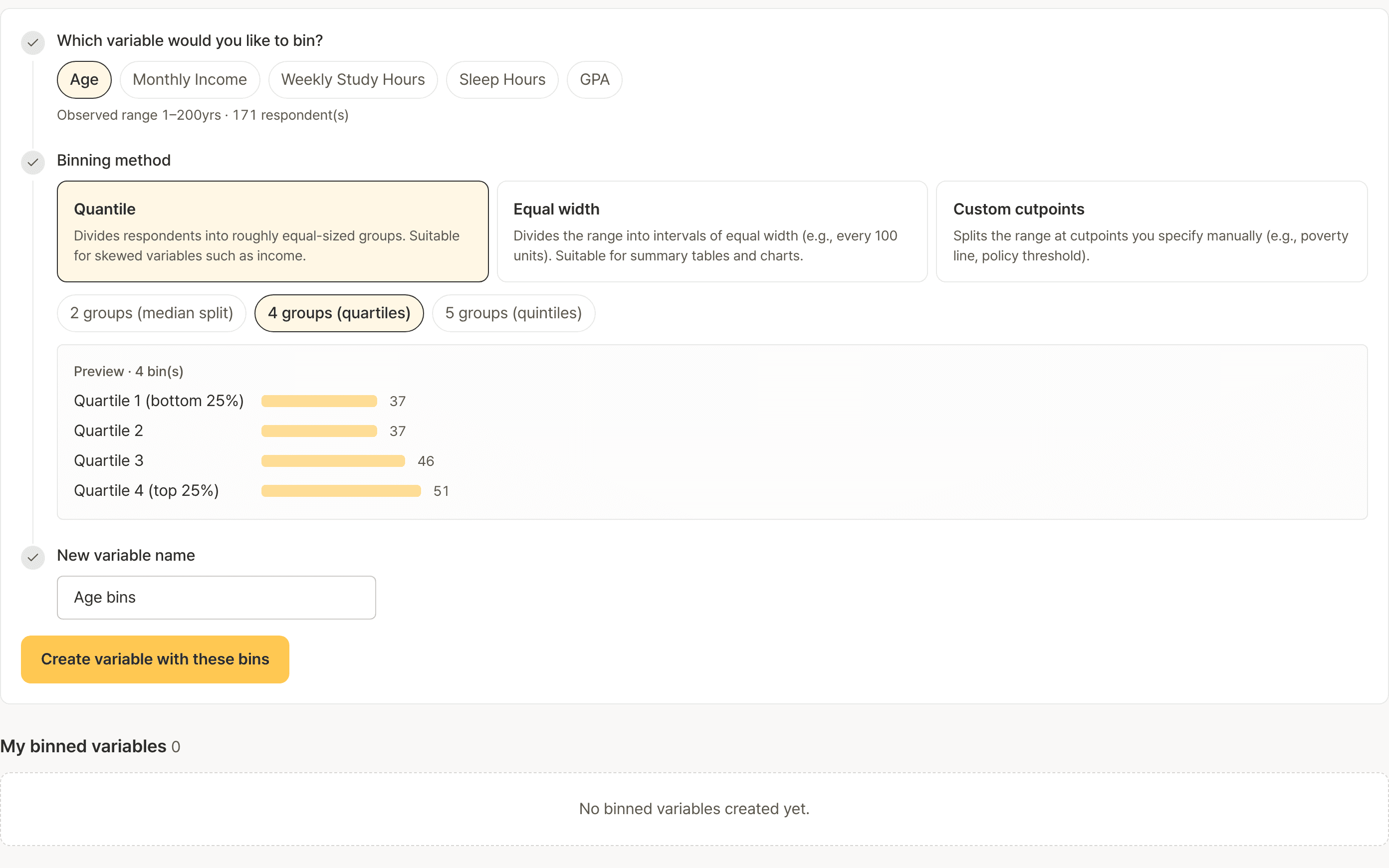 Binning screen. Preview bars showing how many people fall in each quartile of age