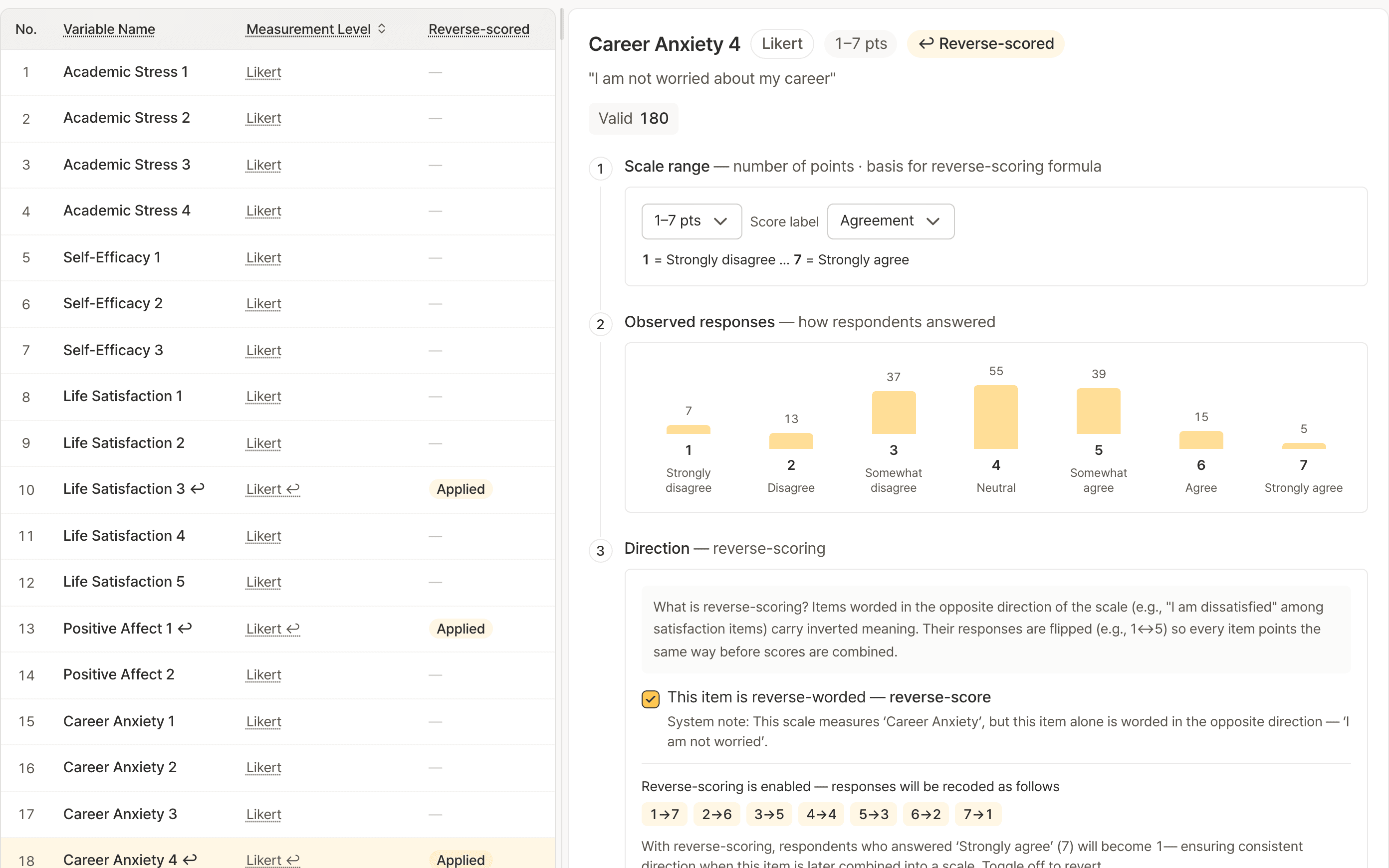 Likert item screen. Reverse-scoring checkbox with the system's reason and a mapping of how response values change