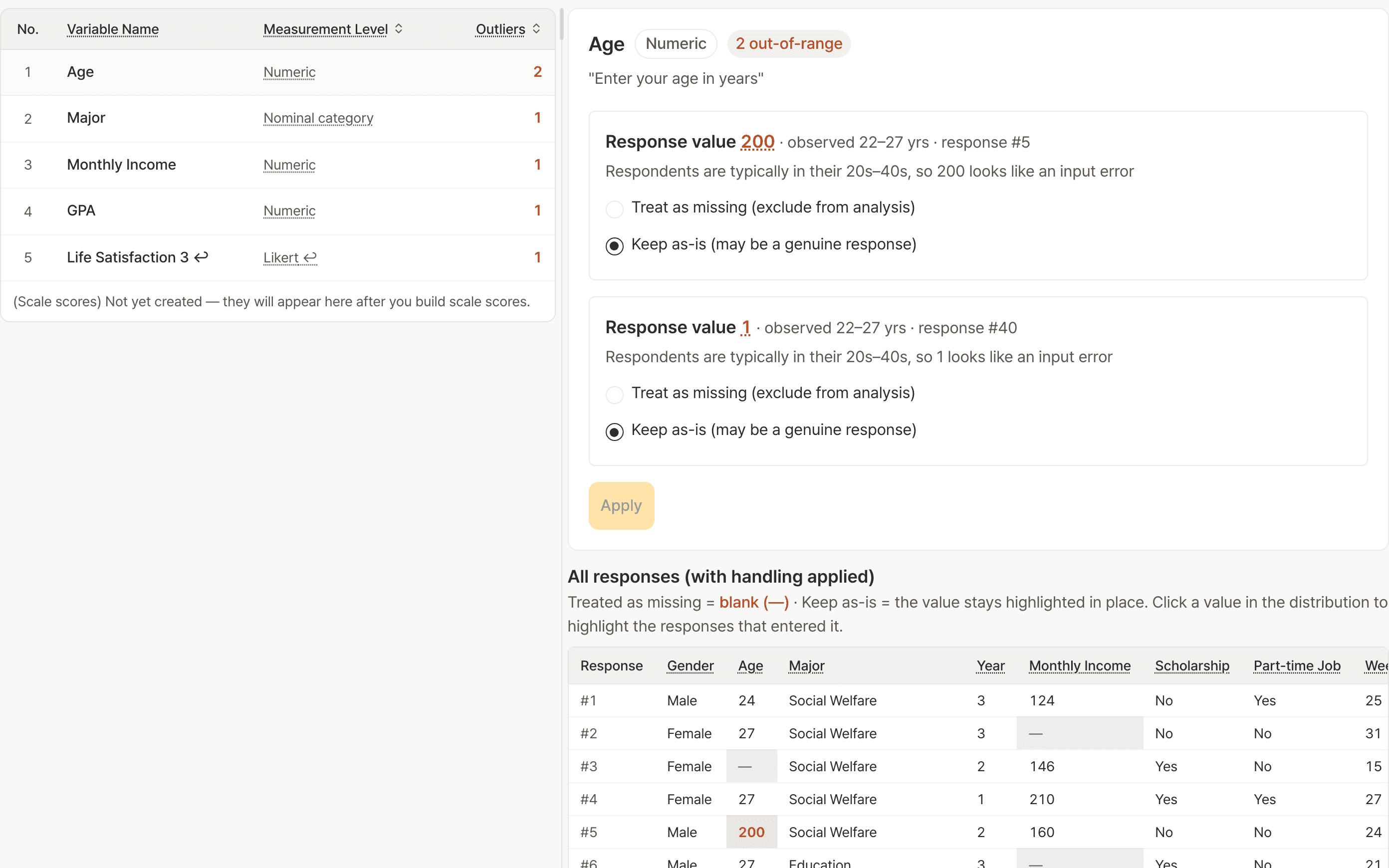 Outlier screen. Card for deciding whether the age value 200 (response #5) becomes missing or stays