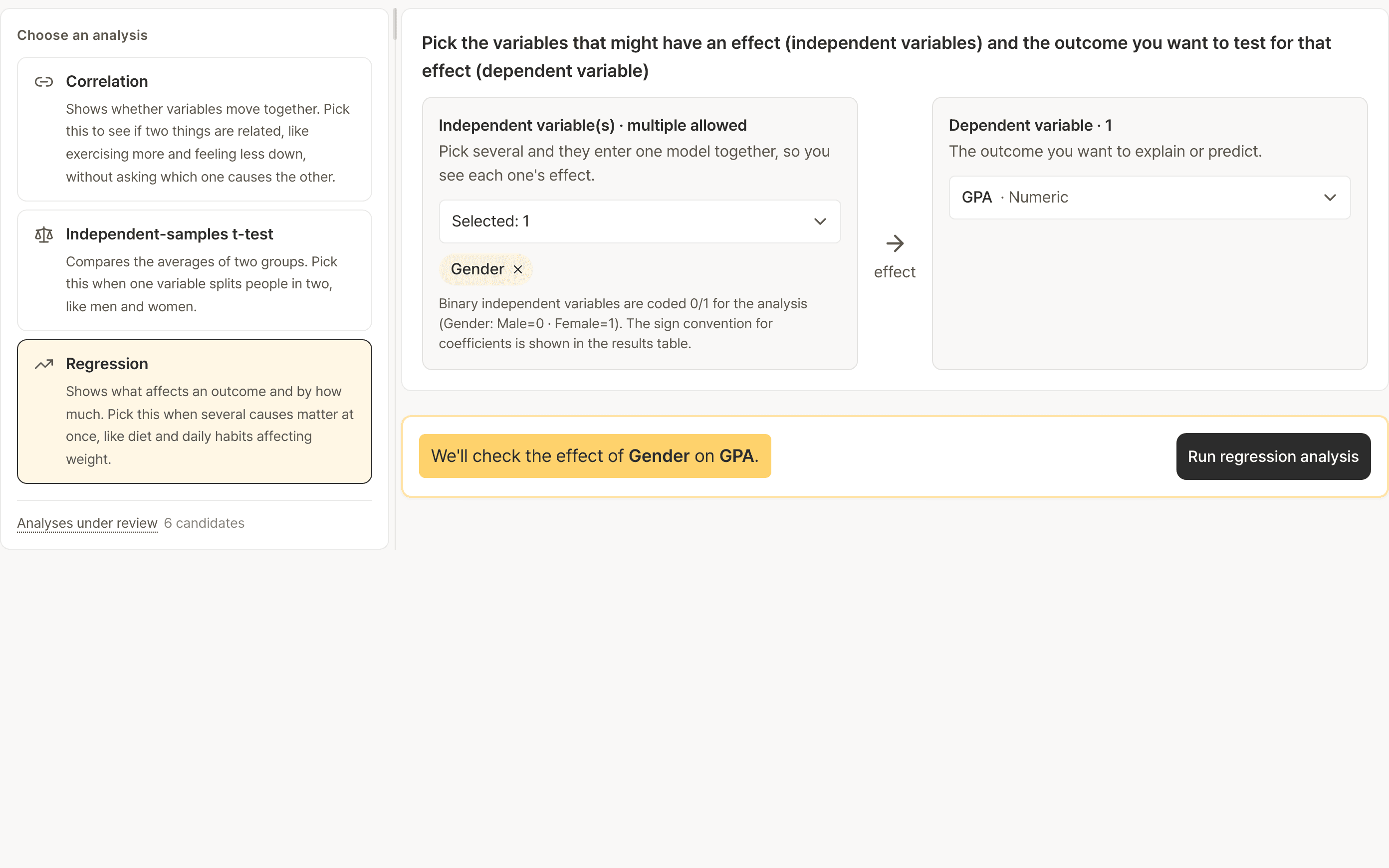 Regression variable picker. Choosing gender as a predictor shows the 0/1 coding note (male = 0, female = 1)