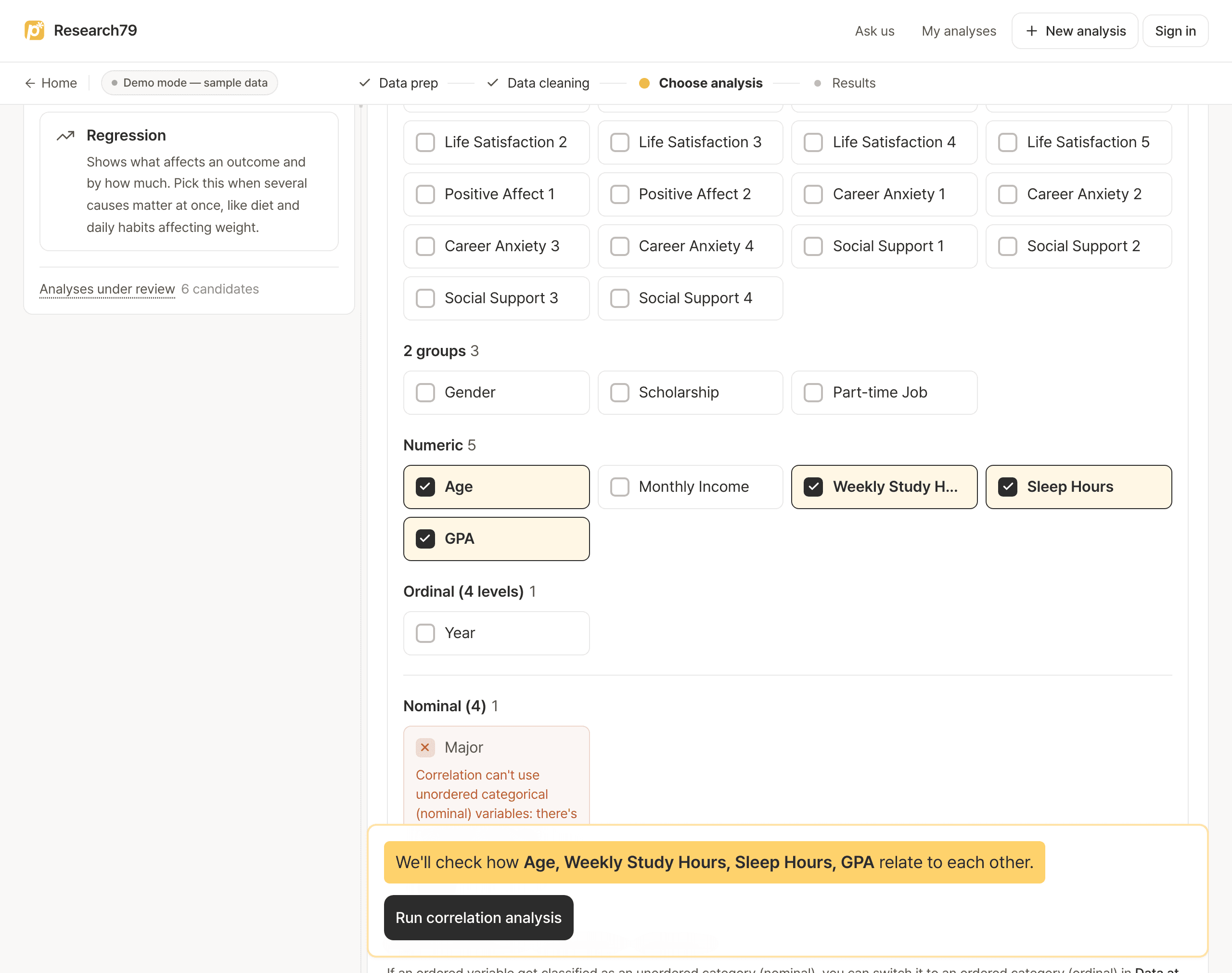 research79 analysis-selection screen for choosing a research goal and variables